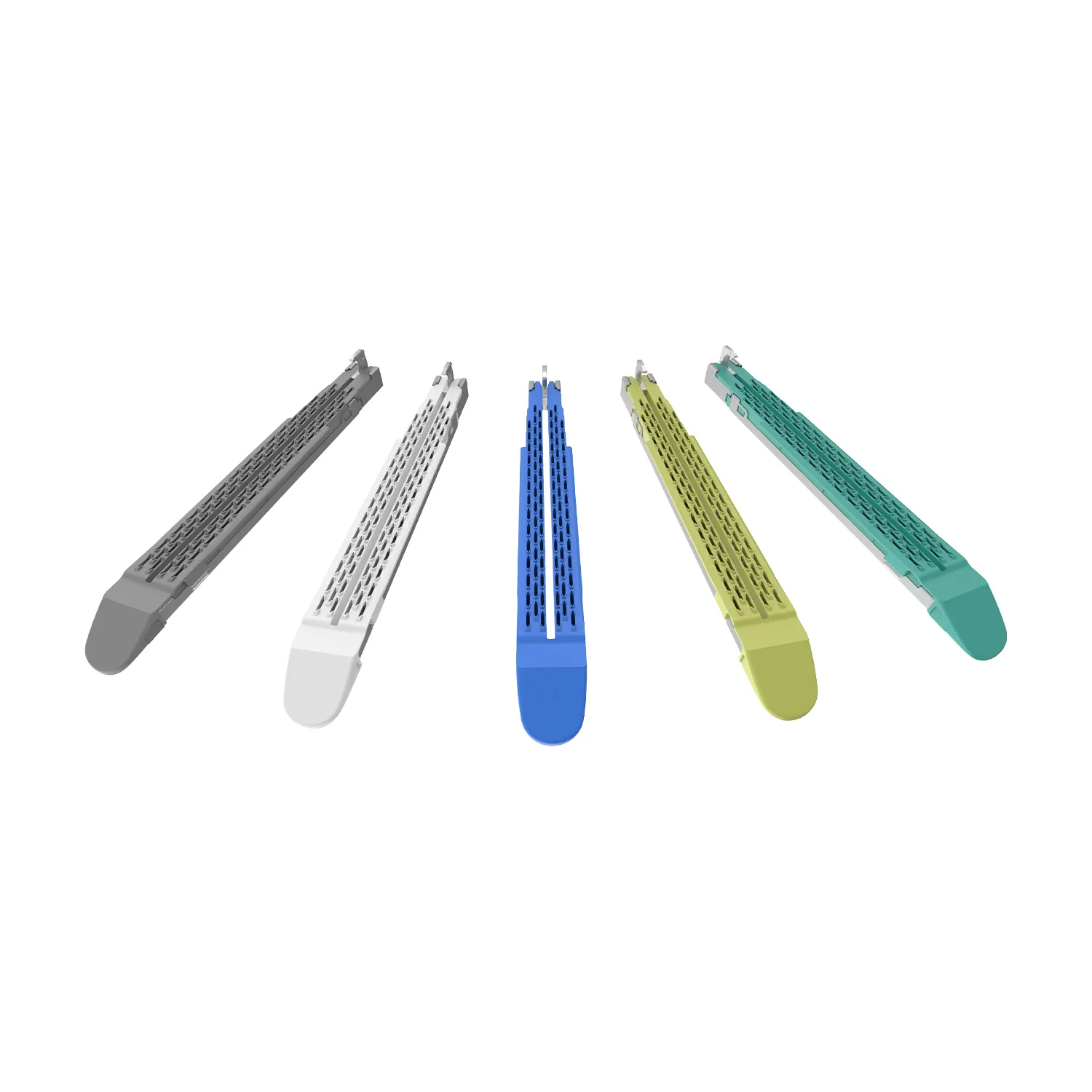 Color-coded endoscopic linear cutter stapler reloads in gray white blue yellow green