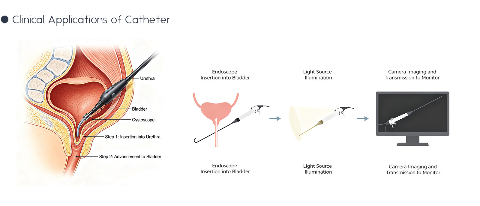 Cartoon clinical application of cystopelvic endoscopic catheter in urology