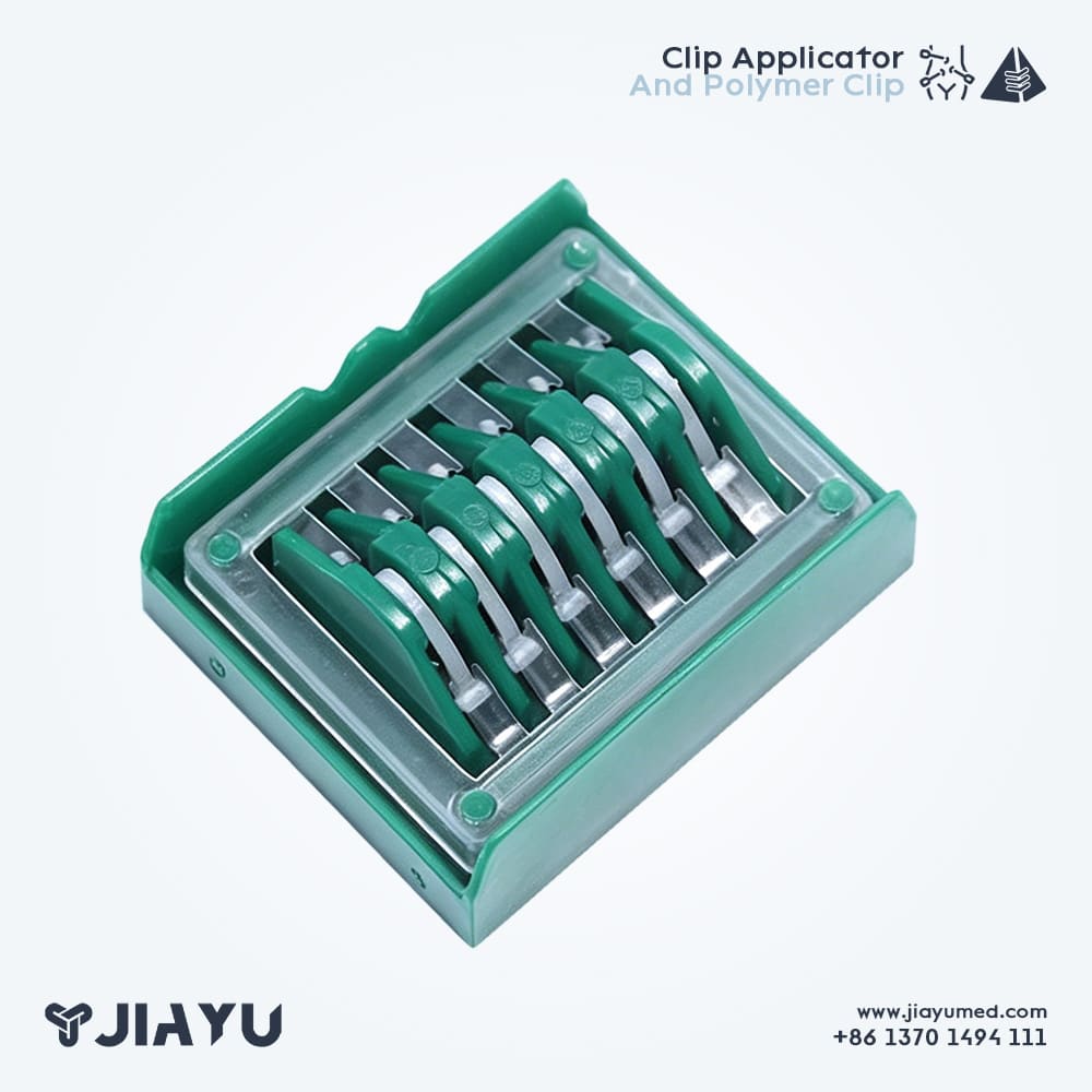 Medium Large Clip Applicator and Polymer Clips Box of medium large color-coded polymer clips for surgical vessel closure