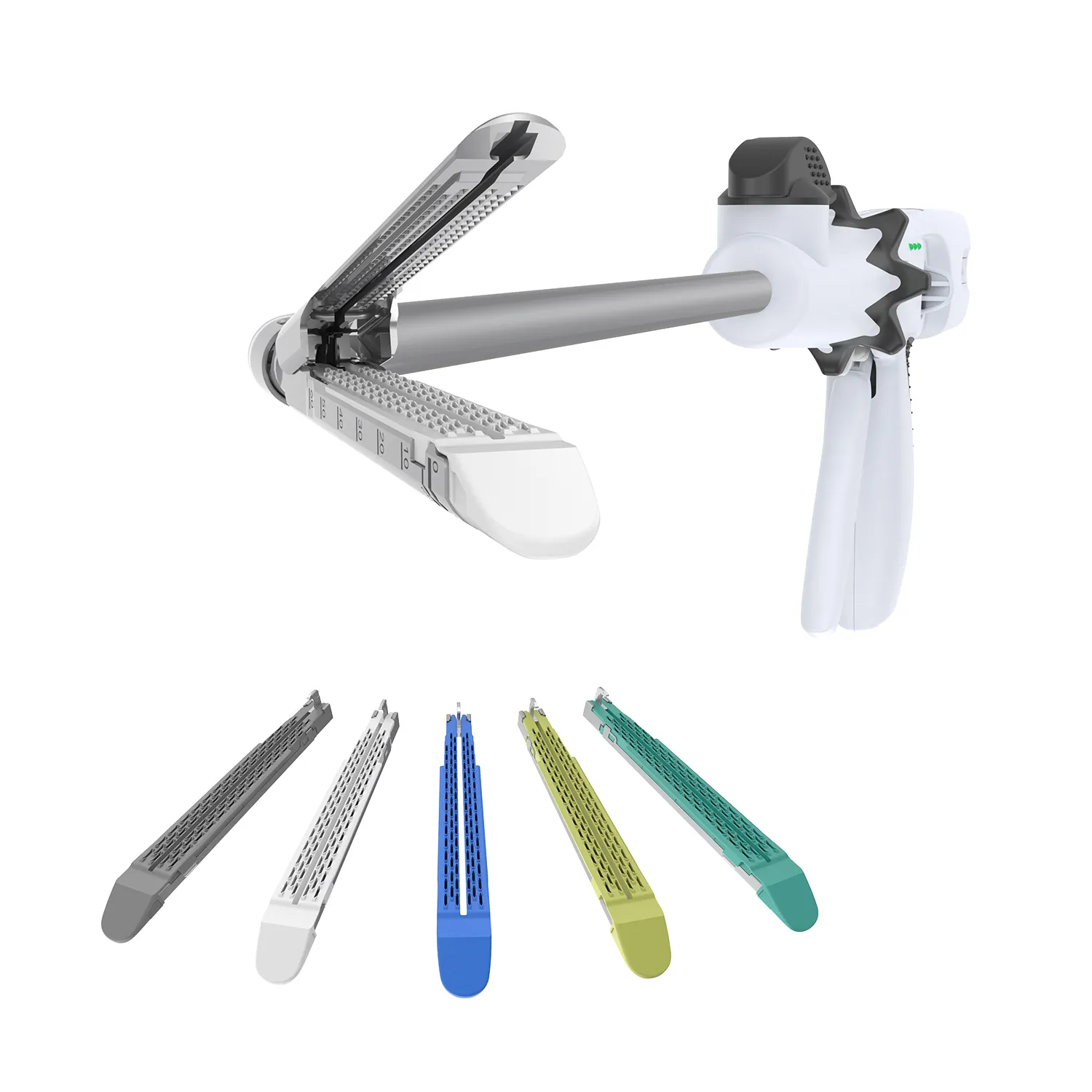 Powered endoscopic linear cutter stapler system with color-coded reloads for tissue compression