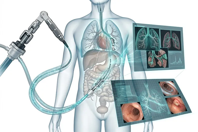 Bronchoscopy procedure using endoscopic instruments for airway examination and intervention