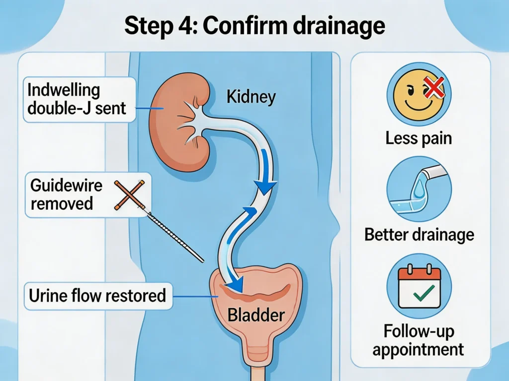 Illustration showing confirmed urinary drainage after Double J Ureteral Stent placement