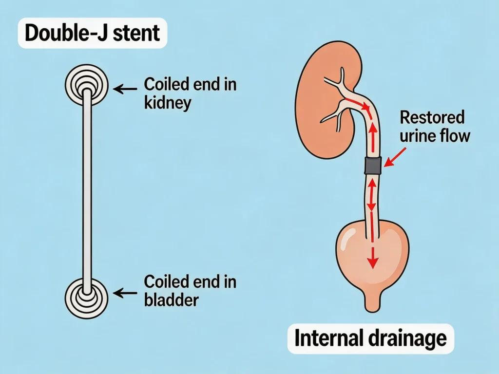Illustration showing Double J Ureteral Stent design and internal drainage pathway between kidney and bladder