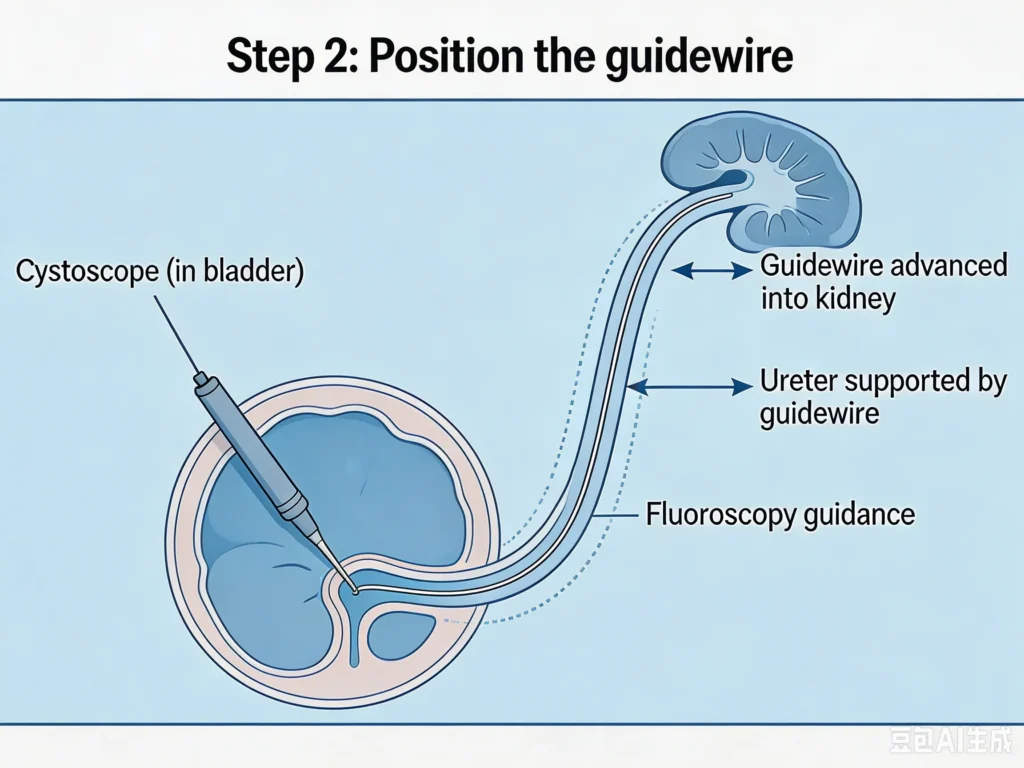 Illustration showing guidewire placement during Double J Ureteral Stent insertion procedure