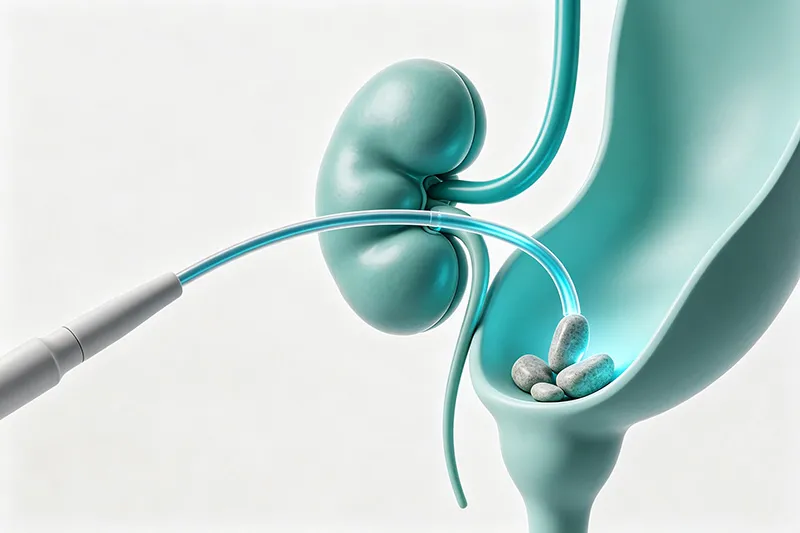 Ureteroscopy procedure using endoscopic instruments for urinary tract treatment