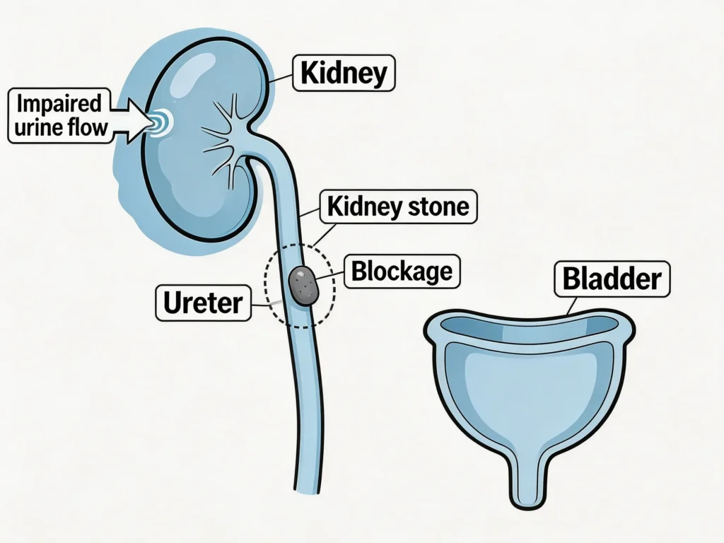 Illustration of urinary system anatomy showing kidney, kidney stone, ureter, and bladder related to ureteral obstruction