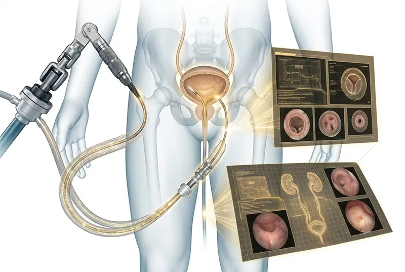 Urological endoscopy procedure using specialized endoscopic instruments and visualization technology