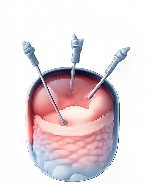 3D medical illustration explaining laparoscopic surgery with minimally invasive instruments and camera systems