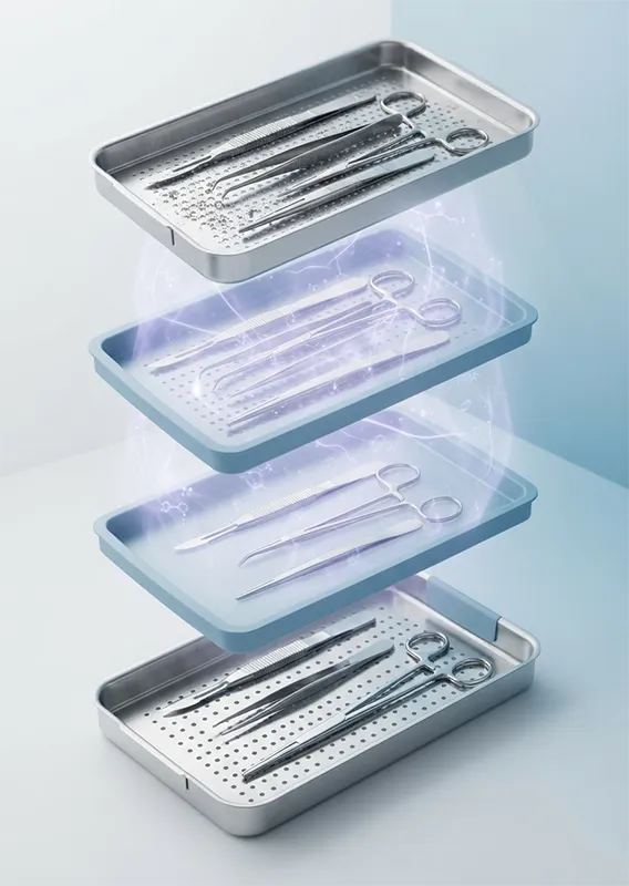 Medical sterilization concept showing safe instrument reprocessing and infection prevention workflow