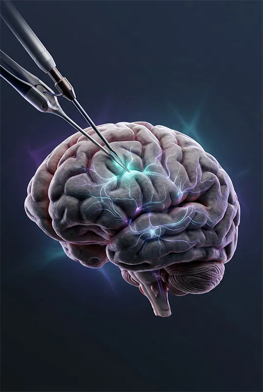 Medical illustration showing brain spine and nervous system anatomy related to neurosurgery