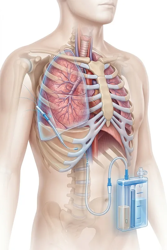 Medical illustration explaining thoracic drainage and pleural catheter placement procedures