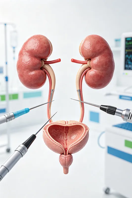 Medical illustration explaining urology surgery and minimally invasive urinary tract procedures