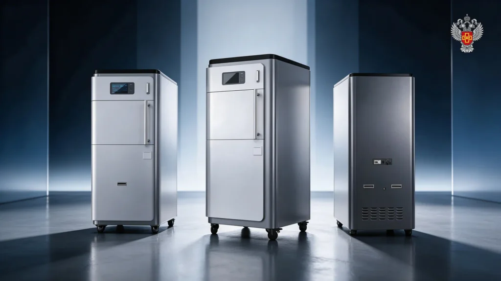 Certified low-temperature hydrogen peroxide plasma sterilizer showing multi-angle product design with official quality approval badge.