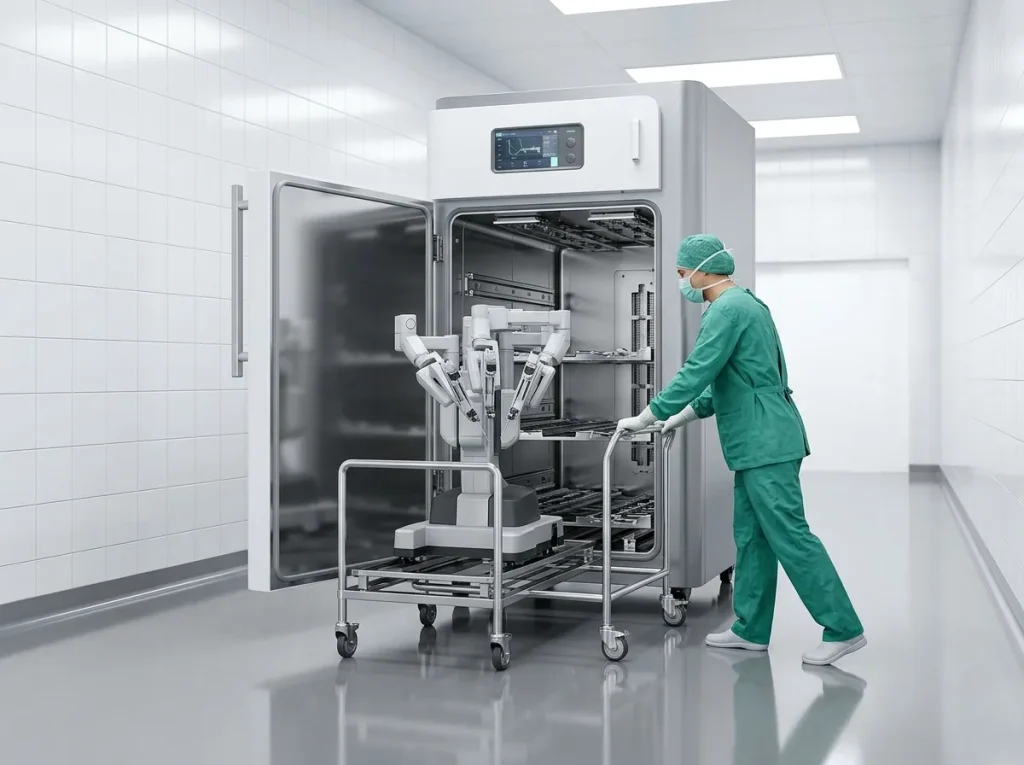 Medical staff loading an entire surgical robotic arm into a large-capacity low-temperature hydrogen peroxide plasma sterilizer chamber.